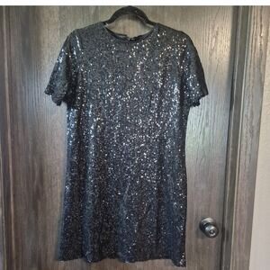 Boohoo Black Sequin Shift Dress Womens Size 4 Short Sleeve Mini Party Cocktail